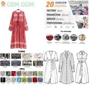 204 impression florale longue robe bohême col en V à manches longues taille haute femmes décontracté <span class=keywords><strong>coreen</strong></span> style longueur de plancher - Product Image 1