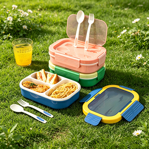 Lonchera Bento de 900 ml con 3 compartimentos, PP5, apta para microondas, con tenedor y cuchara incorporados, a prueba de fugas, con logo personalizado, para la escuela, oficina, dormitorio. - Product Image 1
