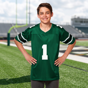 Maillot de football américain vert personnalisé avec logo pour garçons, numéro 1, manches courtes, col en V, polyester respirant, uniforme pour enfants - Product Image 4