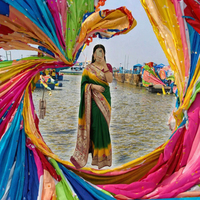 Saree Bunga Hijau dengan Pinggiran Emas, Gaun Wanita India Modern, Pakaian Tradisional Berlipit untuk Pesta dan Festival