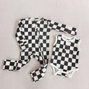 Damier grille bébé à manches longues fermeture éclair barboteuse unisexe bébé fille et enfant en bas âge garçon sommeil pyjamas fabriqué à partir de 95% bambou 5% Spandex - Product Image 1