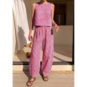 Conjunto de 2 Piezas para Mujer, Top sin Mangas a Cuadros y Pantalones Anchos, Estilo Casual de Verano, Transpirable, de Algodón y Fibra de Bambú - Product Image 6