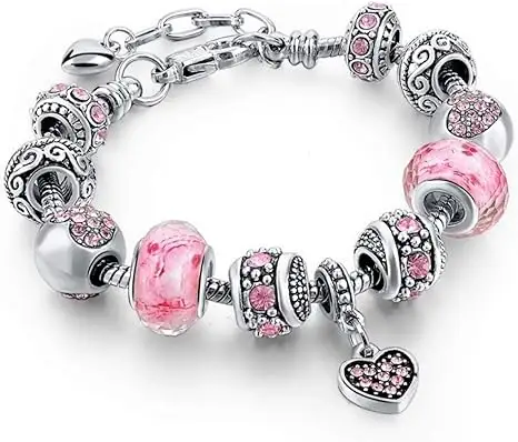Ensemble de bracelet à breloques plaqué argent coeurs roses, cadeaux de bijoux avec perles, breloques et perle de chaîne de serpent réglable pour la fabrication artisanale