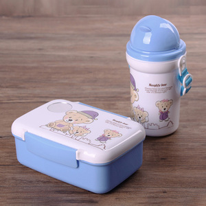 Children's Plastic Lunch Box And Water Bottle Set Cartoon Bear Design For 2-4 Years Kids Powder Blue Pink - Product Image 3