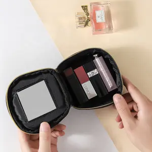 Tas Kosmetik Kulit Imut, Tas Penyimpanan Lipstik Kulit Kecil Mewah Kualitas Tinggi Hitam Kustom dengan Cermin