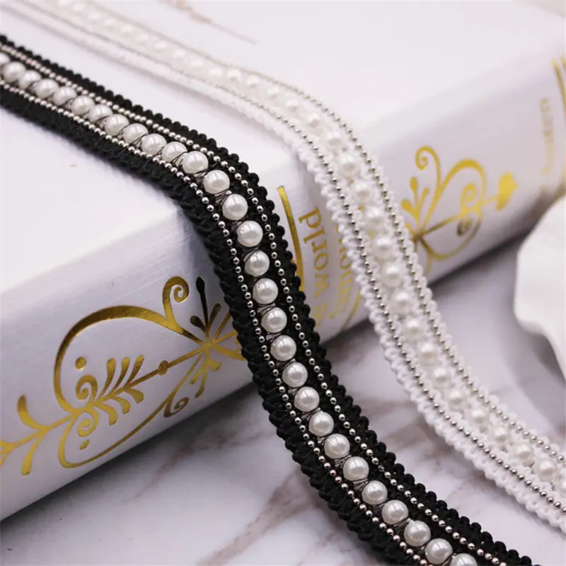 Bianco/nero 2 centimetri handmade indumento di accessopearl in rilievo del merletto tessuto africano del merletto del ricamo del vestito dal costume cucire lace trim per vestito