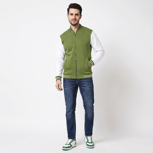 Custom Mens Varsity Jacket Wholesale Covered Button Stand Genuine Leather Casual Fashion Sportswear Long Sleeve OEM Front - Product Image 1