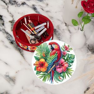 Kit de boîte à bijoux ronde en bois à peindre au diamant 5D DIY, motif <span class=keywords><strong>perroquet</strong></span> et fleurs, organisateur de rangement - Product Image 4