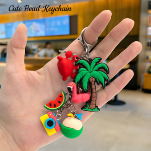 Summer Flamingo & Palm Summer Style Flamingo Palm Tree Bead Keychains Bulk Rubber Charms Decor Llavero Best Friend Keychain