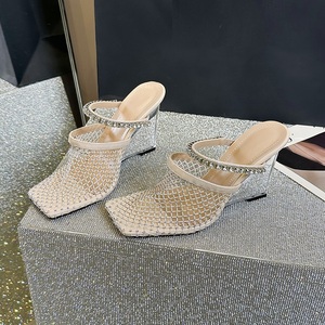 Nouvelles sandales d'été 2025 pour femmes, talons hauts en maille ornée de strass, chaussures élégantes à bout carré, sandales compensées transparentes, escarpins, pantoufles - Product Image 2