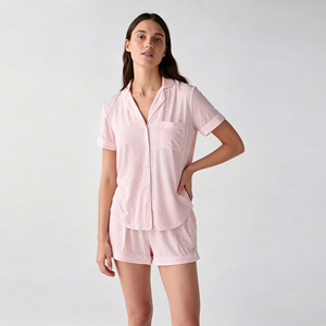 Custom Women's Short Sets Short Sleeve Two Piece Pyjamas Summer Button up Shirt and Shorts Organic Jersey print Women Pajama - Product Image 2