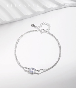 S925 Silver Chain <b>Bracelet</b> With Princess Cut Crystal Bezel Setting Minimalist Geometric Design Unisex Everyday Wear Jewelry - Product Image 5