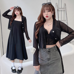 Runqi Cardigan en tricot transparent pour femme, grande taille, noir pailleté, veste de protection solaire d'été N8381 - Product Image 5