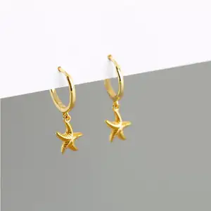 Women Summer Boho Hawaii Beach Jewelry 925 Sterling Silver Minimalist Gold Starfish Earrings Huggie Hoop Earrings With Dangle