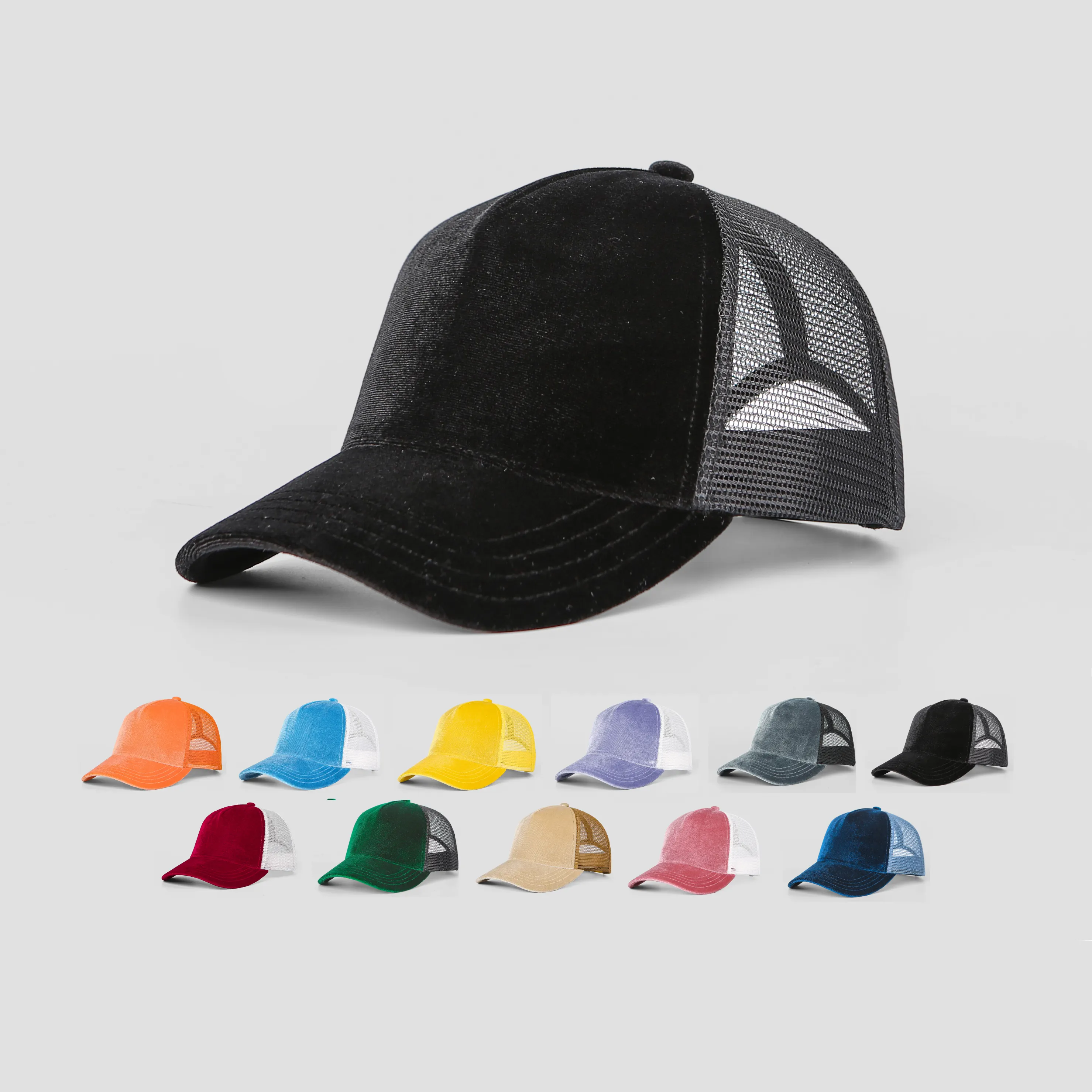 Gorra de camionero de terciopelo de 5 paneles en blanco al por mayor, entrega rápida, gorra de béisbol de malla ajustable unisex de perfil medio