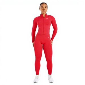 Women Red Full Length Yoga Jumpsuit High Waist Long Sleeve Zipper Tummy Control <b>Shapewear</b> <b>Bodysuit</b> - Product Image 1