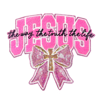 Grande écusson brodée en chenille « God Is Good Jesus » avec nœud rose pour sweat à capuche, veste, sweat-shirt, ou comme appliqué pour vêtement