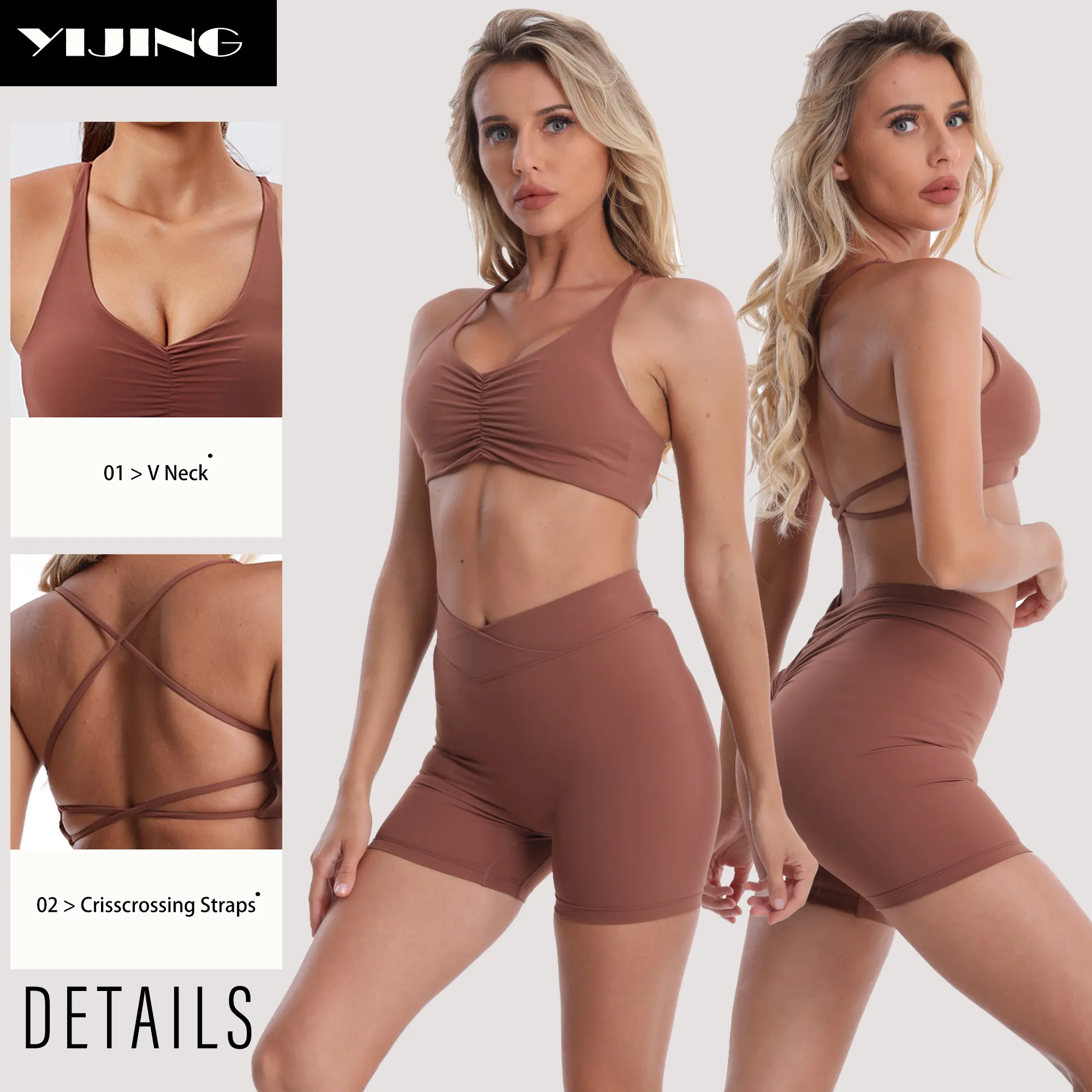 Manufacturers Recycled Fabric Crisscrossing Strap Yoga Bra V Crossover Waistband Gym Short Set Women Gym Sustainable Activewear