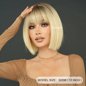Peluca recta Bob corto con <span class=keywords><strong>flequillo</strong></span> 12in corto Ombre Blond Yaki peluca sintética resistente al calor Borgoña pelo rojo para fiesta Cosplay - Product Image 3