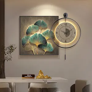 Ginkgo Leaf Restaurant peinture décorative art moderne horloge murale suspendue de luxe avec lumières LED