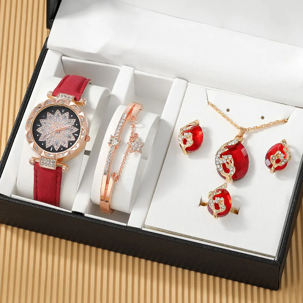 Yeni moda bayanlar Quartz saat takım genç kız takısı 5 parça Set kristal tasarım bilezik kolye yüzük küpe izle seti