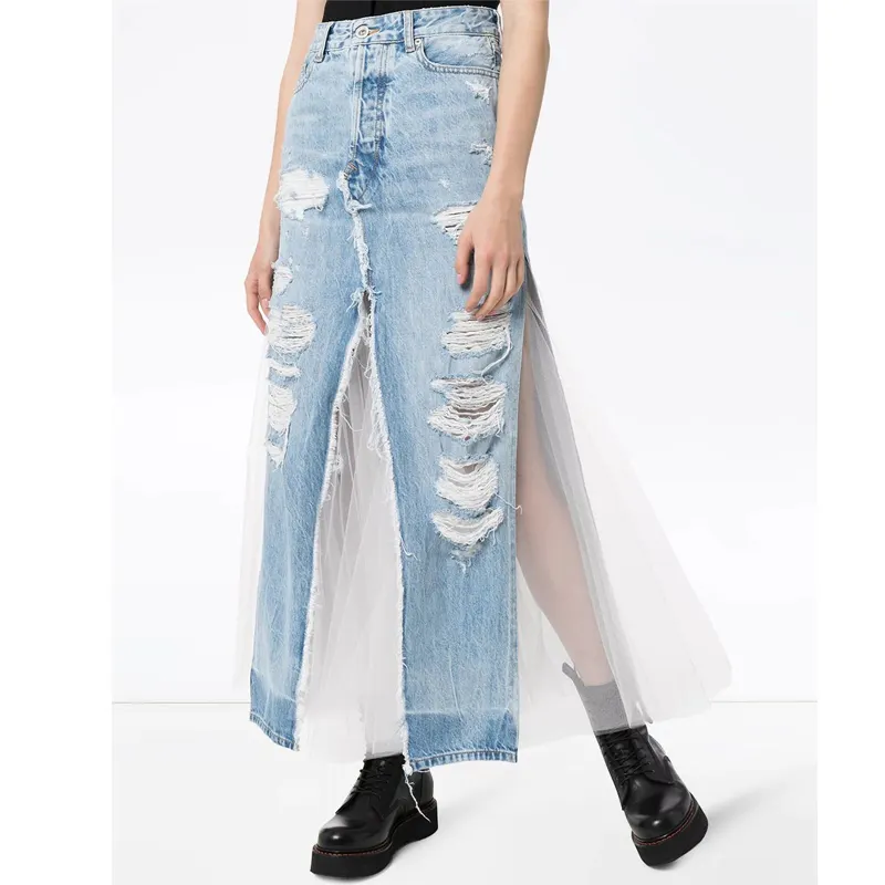 Distressed panelled ripped denim skirt patchwork lace trendy tulle skirts women long jeans skirts