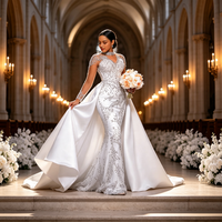 Nouvelle Robe de Mariée Empire Longue en Dentelle pour le Commerce International, Style Africain, avec Traîne Amovible, Dos Illusion et Col Halter Brodé