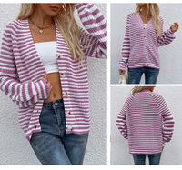 Cardigan en tricot personnalisé pour femme, col en V, manches ballon, boutons sur le devant, rayé, coloré, décontracté et tendance