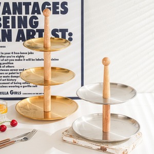 Plato de frutas de dos niveles de acero inoxidable con soporte de madera para exhibición en estantes de cocina - Product Image 4