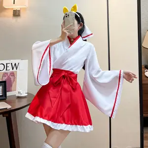 Kostum Cosplay Kimono Jepang, setelan pakaian tradisional Jepang dengan kaus kaki, kostum rubah Kimono merah dan putih untuk anak perempuan
