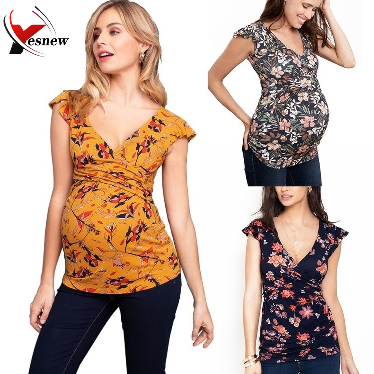 Летние женские футболки для беременных топы для кормящих матерей с цветочным принтом и V-образным вырезом футболки для грудного вскармливания