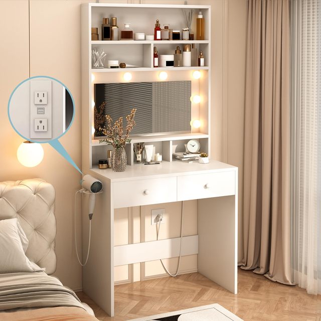 Modern LED Dresser Mirror Vanity Set for Women MDF Wood Bedroom Furniture Elegant Dressing Table with Glass