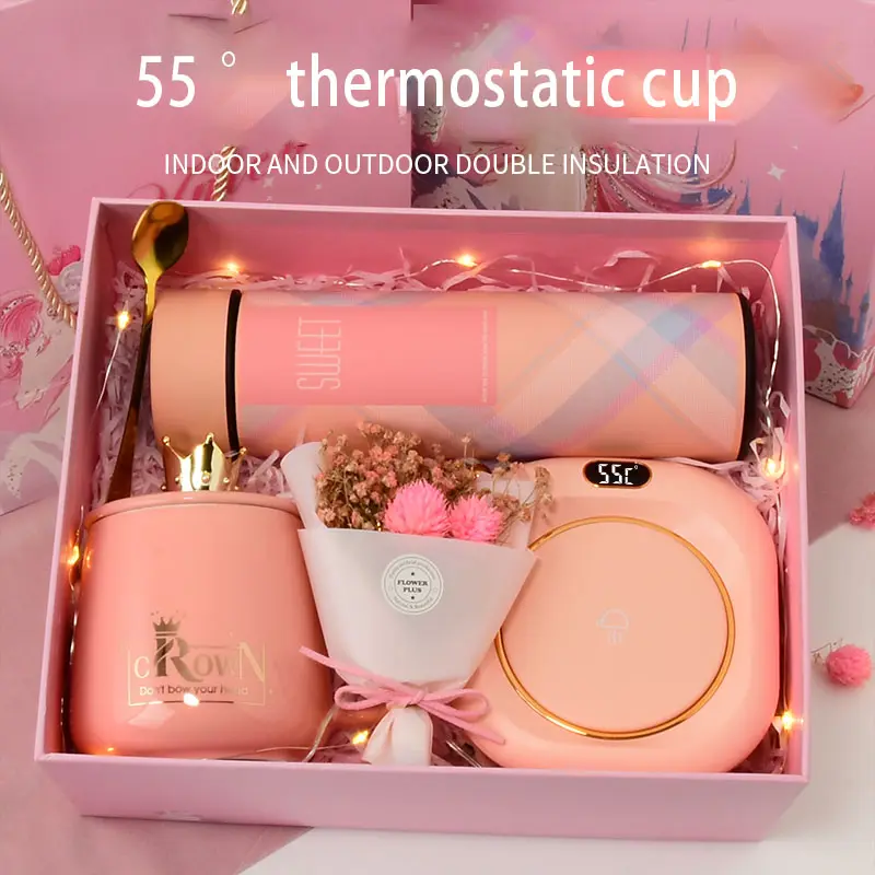 Ensemble de tasses chauffantes en céramique, avec thermostat à 55 degrés, pour le café, mignonnes, roses avec logo, pour cadeau de mariage, nouveau design,