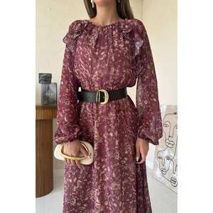 Elegante Vestido de Gasa con Volantes Color Borgoña, Corte Holgado, Cintura Natural, Vestido Casual para Uso Diario con Tela Translúcida - Product Image 1