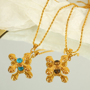 Collar con colgante de cruz, aleación de zinc, engaste de bisel, piedra de ojo de tigre y turquesa, para mujer, regalo, joyería, accesorio de moda - Product Image 4