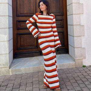Vestido de Punto de Verano para Mujer, Estilo Informal, Espalda Descubierta, Algodón, Rayas, Aberturas, Mangas Farol, Cuello Redondo, Estilo Vacacional - Product Image 5