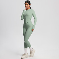 Ensemble de yoga deux pièces européen et américain : veste zippée nude et pantalon de sport taille haute à poches à rabat, séchage rapide, pour course et fitness