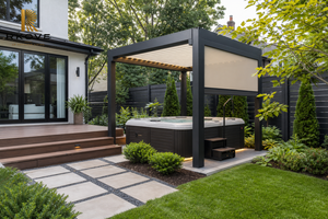 Pérgola Moderna de Aluminio RKOVE 4x4m con Pantalla Enrollable, Recubrimiento en Polvo Negro, Rectangular, para Exteriores, Independiente, para Esquina de Spa - Product Image 5