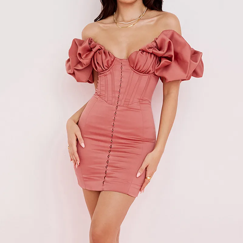 Highly Customized Wholesale Rose Satin Ruffle Strapless Dress