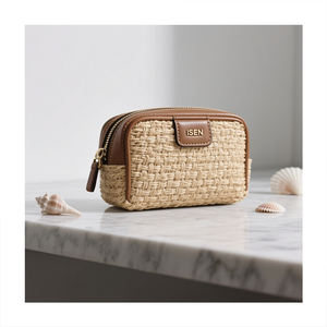 Bolsa de Aseo <span class=keywords><strong>ISEN</strong></span> Personalizada con Logotipo Estilo Natural de Paja para Maquillaje, Neceser Cosmético con Cremallera para Productos de Belleza y Cuidado de la Piel - Product Image 1