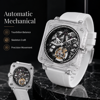 Montres mécaniques automatiques de Tourbillon carré de luxe pour hommes horloge de montre-bracelet de Sport en caoutchouc squelette lumineux