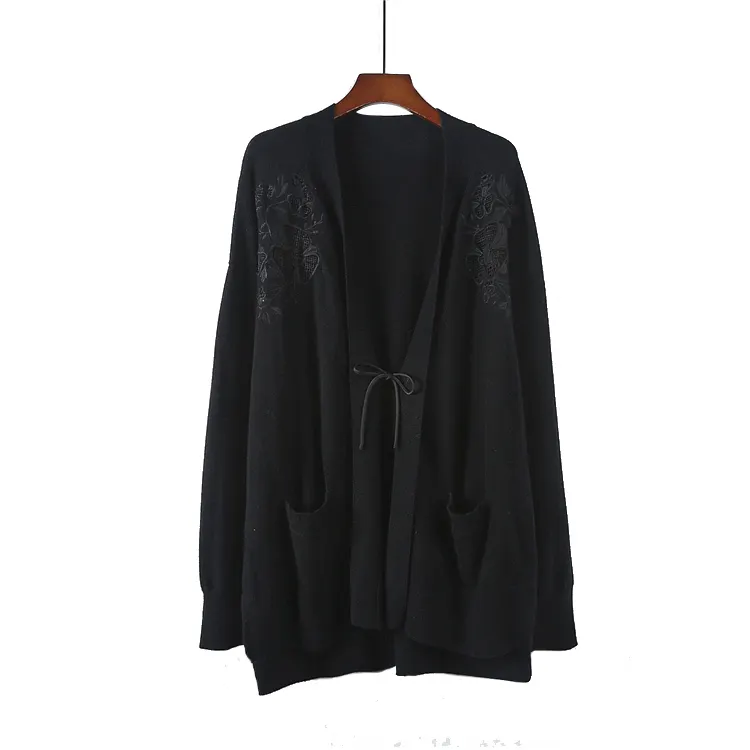 Long Sleeve Embroidery Wool Woman Cardigan Sweater Black Womens Knit Cardigan