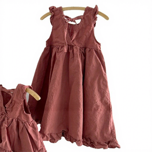 2025 летнее платье для девочек в Корейском стиле, Новое Стильное платье для маленьких девочек, с V-образным вырезом, кружевная отделка, без рукавов, свободные кукольные юбки - Product Image 1