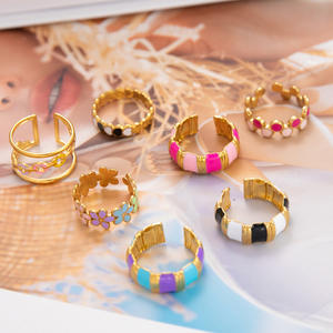 Fashion <b>Rings</b> Women's Stainless Steel 18K Gold Plated Open <b>Ring</b> Colorful Flower Pattern Party Jewelry - Product Image 2