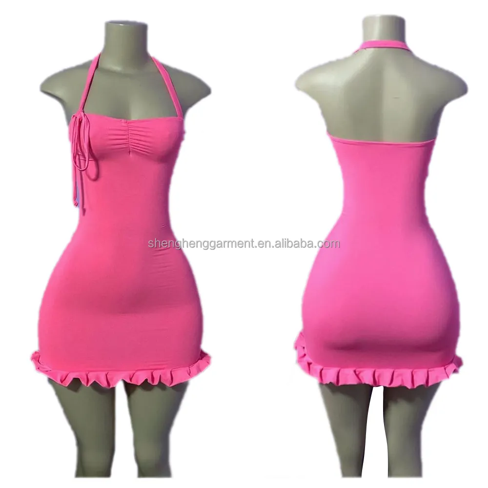 2021 Design de mode chaud froncé licou papillon rose grande taille hors épaule Sexy Club Mini robe moulante femmes