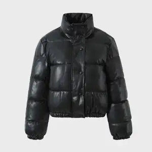 Jaket kulit crop kerah berdiri lapisan Musim Dingin, mantel gelembung hitam Puffer ritsleting untuk wanita