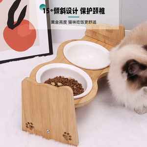 Support de bol réglable en bambou pour chats, double gamelle surélevée, écologique, durable, facile à nettoyer - Product Image 3