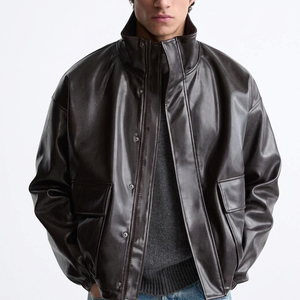 Custom Men'<b>s</b> Fashion Dark Brown Oversized PU Leather <b>Jackets</b> Baggy Buttons And Zipper Closure Bomber Casual Mens <b>Jacket</b> - Product Image 2