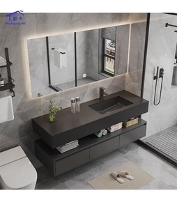 Black minimalist luxury smart mirror cabinet with hanging cabinet body white washbasin and marble countertop - Product Image 5