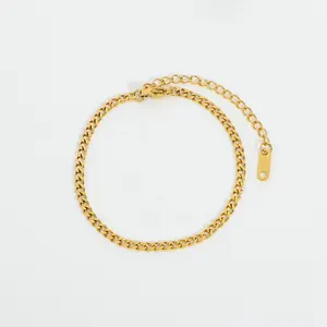 Pulseira clássica curb de ouro 3mm, bracelete chique banhado a ouro 18k aço inoxidável corrente cubana